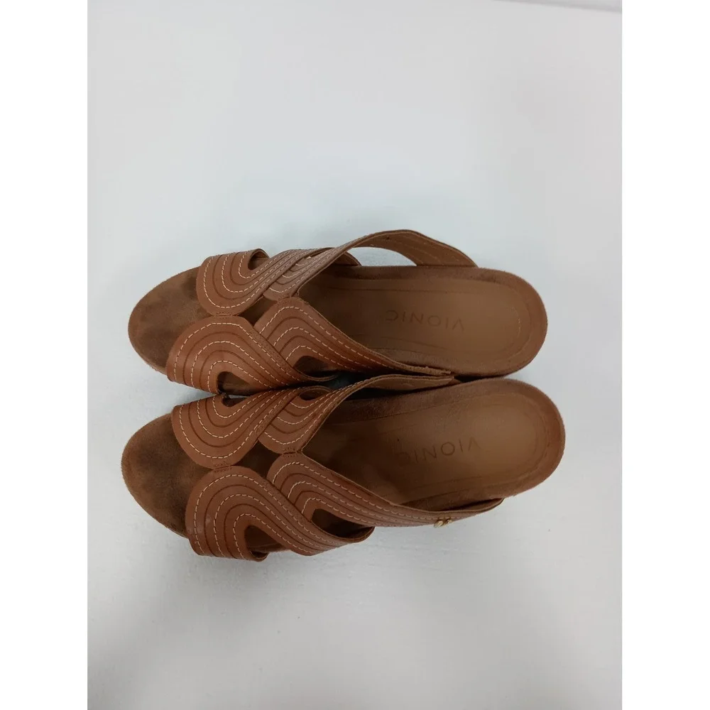 Vionic Wedge Sandals Womens 7M Brown Leather Orthotic Comfort Strappy Shoes
